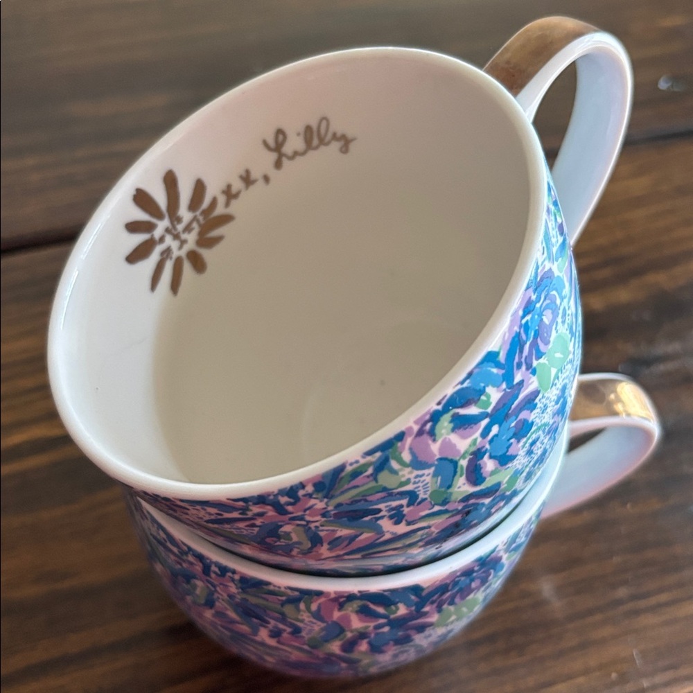 "Lilly Pulitzer" Coffee Mugs Blue Green Floral with Gold Trim 12 oz Set of 2 - Picture 2 of 4